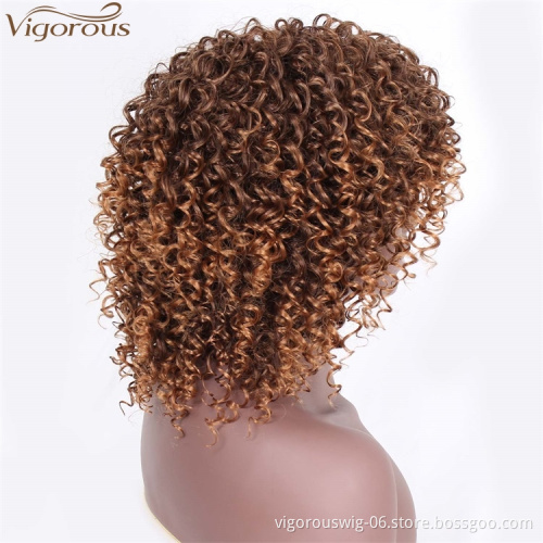 Vigorous Free Sample Short Length Glueless Wig Kinky Curly Ombre Brown Color Heat Resistant Fiber Synthetic Hair Wigs